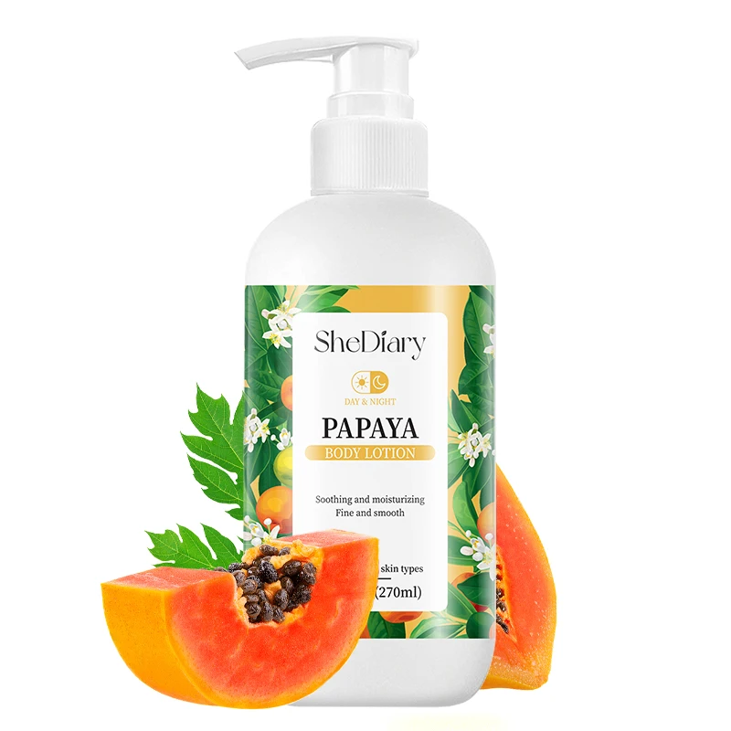 Loción corporal orgánica al por mayor con vitamina E y cactus exfoliante blanqueador Papaya Shimmer botella amarilla para pieles sensibles