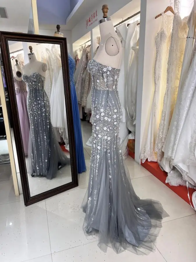 Silver Gray Glitter Fabric Flower Sweetheart Corset Tulle Mermaid