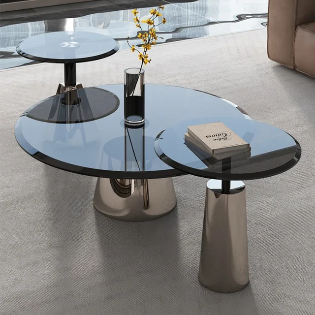 Modern round glass coffee table set for living room furniture table set luxury stainless steel metal base Italian Nordic style