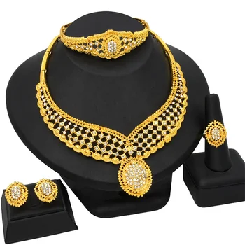 Alloy 24K Gold Plated Bride Wedding Jewelry Sets for Saudi Arabia Dubai Women Necklace Earrings Ring Bracelet 4-piece Set