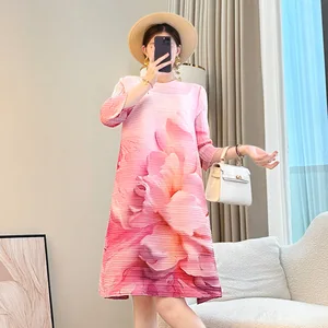 Factory Direct Sales of Elegant Women's Dresses with a Relaxed Casual Print Midi Dress Miyake Pleated Dresses.