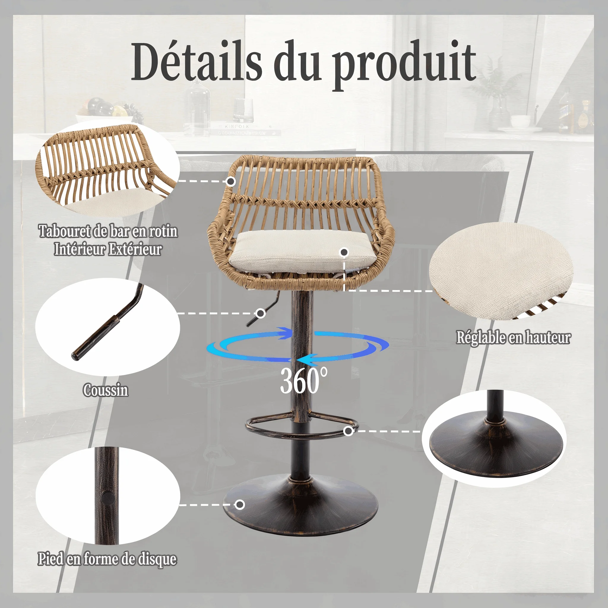 Tabouret bar rotin vintage