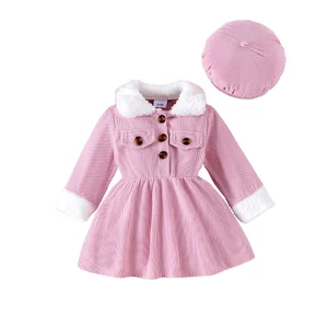 2026 New Autumn Winter Pink Long-sleeved Corduroy Fleece Patchwork Baby Girl Princess Dresses Toddler Dress