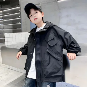 Autumn Windproof Jacket Boys Children's Beef Tendon Rope Hooded Top Stand Three-Dimensional Patch Pocket Casual Clothes for Kids