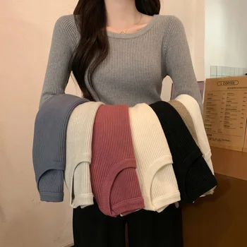 Women's fall new crew-neck long-sleeved sweater top fall and winter all fit with a slim sweater inside women's bottom shirt