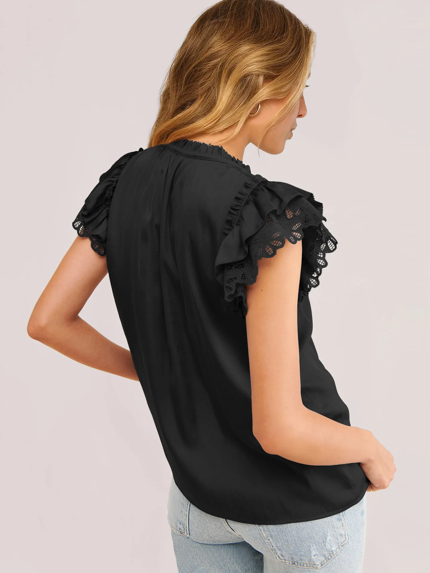 GMD 2023 Summer hot sale New V Collar lace-up flounce sleeve casual fashion women's clothing satin