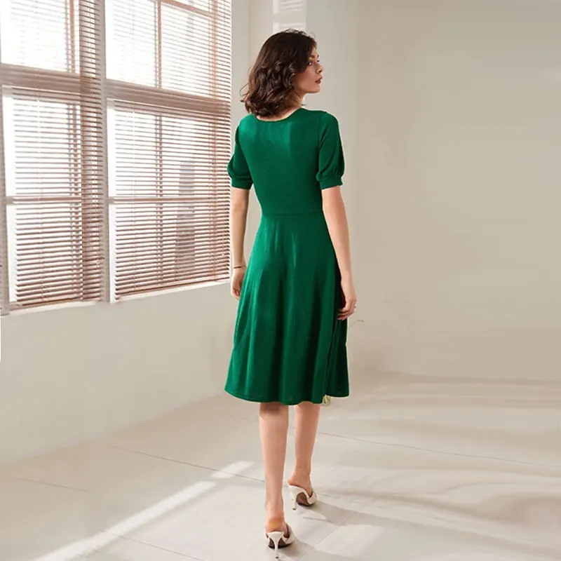 knee length dresses for ladies Sage Green Linen Button-Down Dress, Lapel Collar, Cap Sleeves