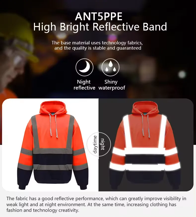 Custom Women Men's Reflective Hoodies Hi Vis Lightweight Sweatshirt High Visibility Outdoor construc