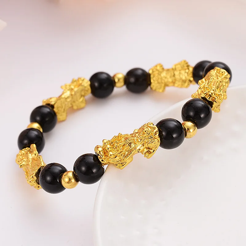 MECYLIFE Manmade Obsidian Gold Pixiu Bracelet Six-character Bracelet Gifts Fengshui Bracelet
