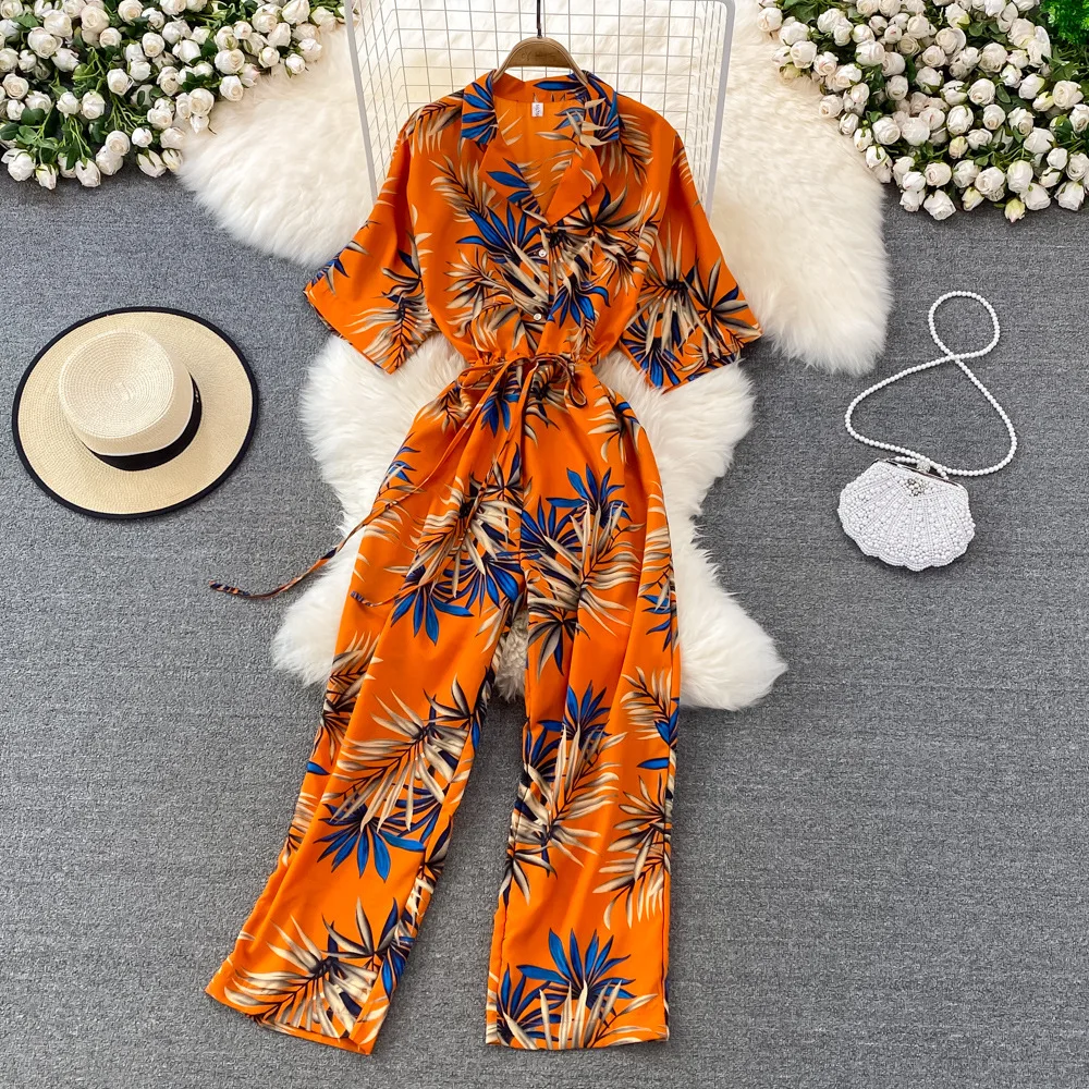 ANSZKTN Summer Vintage Suit Collar Print Wide Leg Jumpsuit
