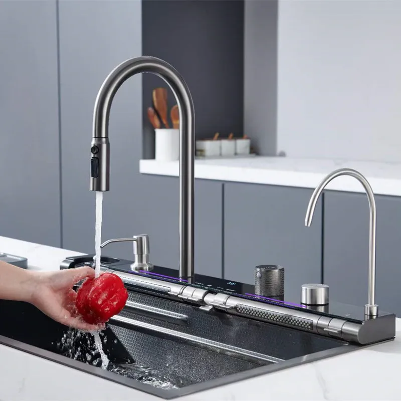 Multifunctional Smart Stainless Steel Nano Step Honeycomb Sink Kitchen Temperature Display Piano Key Waterfall Kitchen Sink Sets