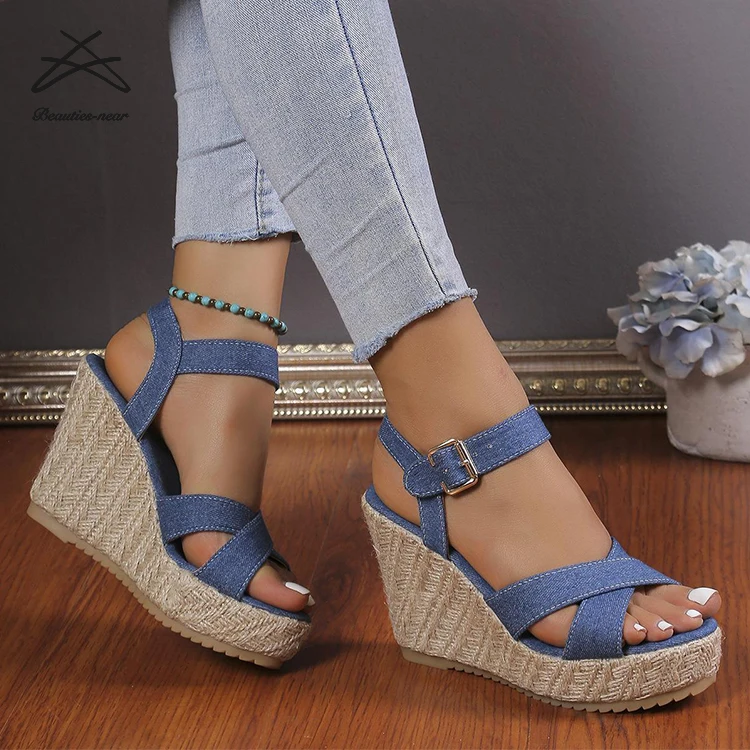 casual blue jean wedges
