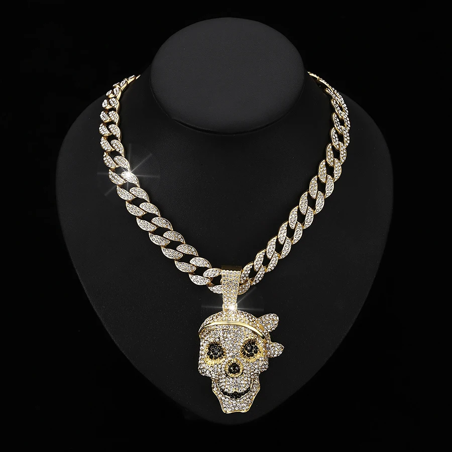 Men's Iced Out Full Diamond Skull Head Pendant Necklace With 15MM Prong  Cuban Chain