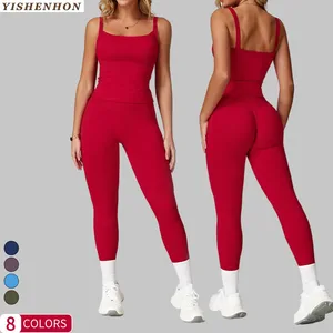 YISHENHON Custom Logo Activewear Women's High Waist Yoga Sets 3 Piece Breathable Solid Color Sport Suits with Scrunch V-Shape