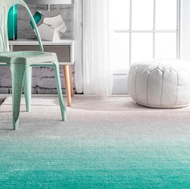 Hand Tufted Rug Turquoise Color Gradient Carpet Rug Level Cut Soft Carpet