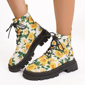 Custom Logo Women's Casual British Style Fashion Ankle Boots Women's Versatile Platform Floral Printing Short Boots