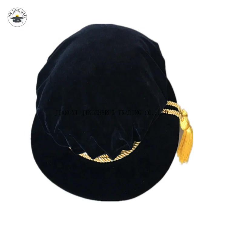 Factory Custom Doctoral  Velvet Tams With Gold Cords Doctoral Tudor Bonnets Doctoral Graduation Cap With Masters Graduation Gown
