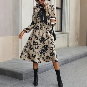 European American Spring Patterned Floral Dress for Women Female A-Line Skirt Long Sleeve Casual Digital Natural Waist Summer