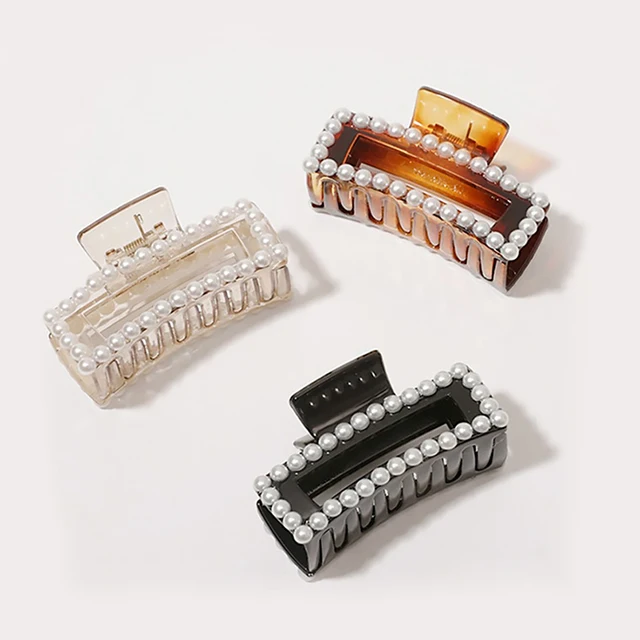 Wholesale Korean Women Hairpin Elegant Simple Lady Hair Clip White Freshwater Square Acrylic Pearl Hair Claw
