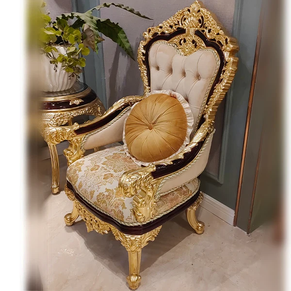 European Luxury Wooden Leather Recliner Sofa Set Furniture Living Room  Royal Solid Wood Carved Velvet Fabric Single Sofa Chair