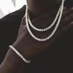 Fashion Hip Hop Jewelry Custom Logo 3mm 4mm Iced Out Zircon Diamond Gold Plated Link Chain Necklace for Unisex