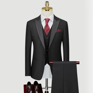 2026 New Men's Black 3 Pieces Slim Business Peaked Lapel Single Vent High Quality Single Breasted Suit Set for Men