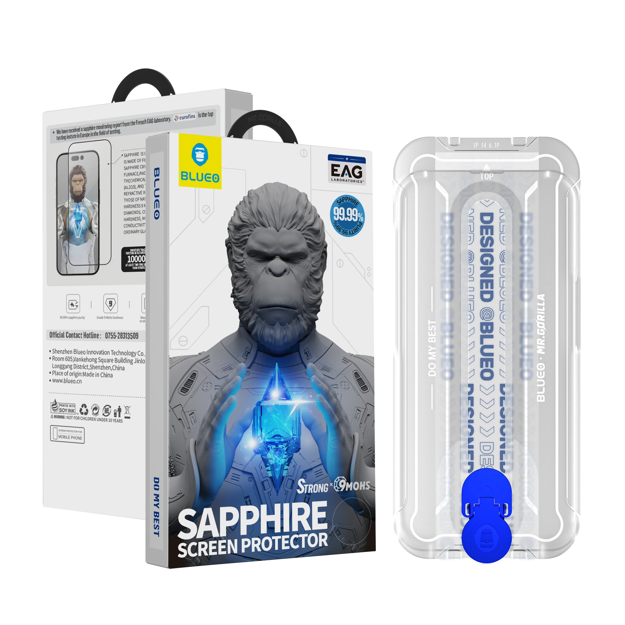 Blueo Sapphire 9 Mohs Super Scratch Resistant Screen Protector guard With Installation Tray For