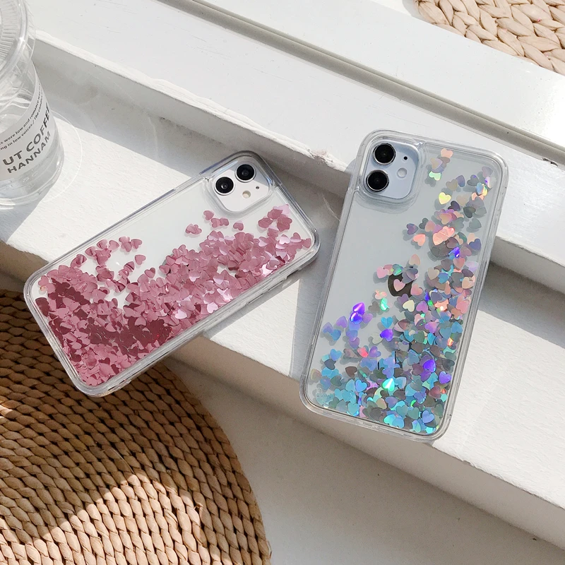 iPhone 12 iPhone 12 Pro 6.1 Pink Glitter Waterfall Liquid Floating Hearts  Case