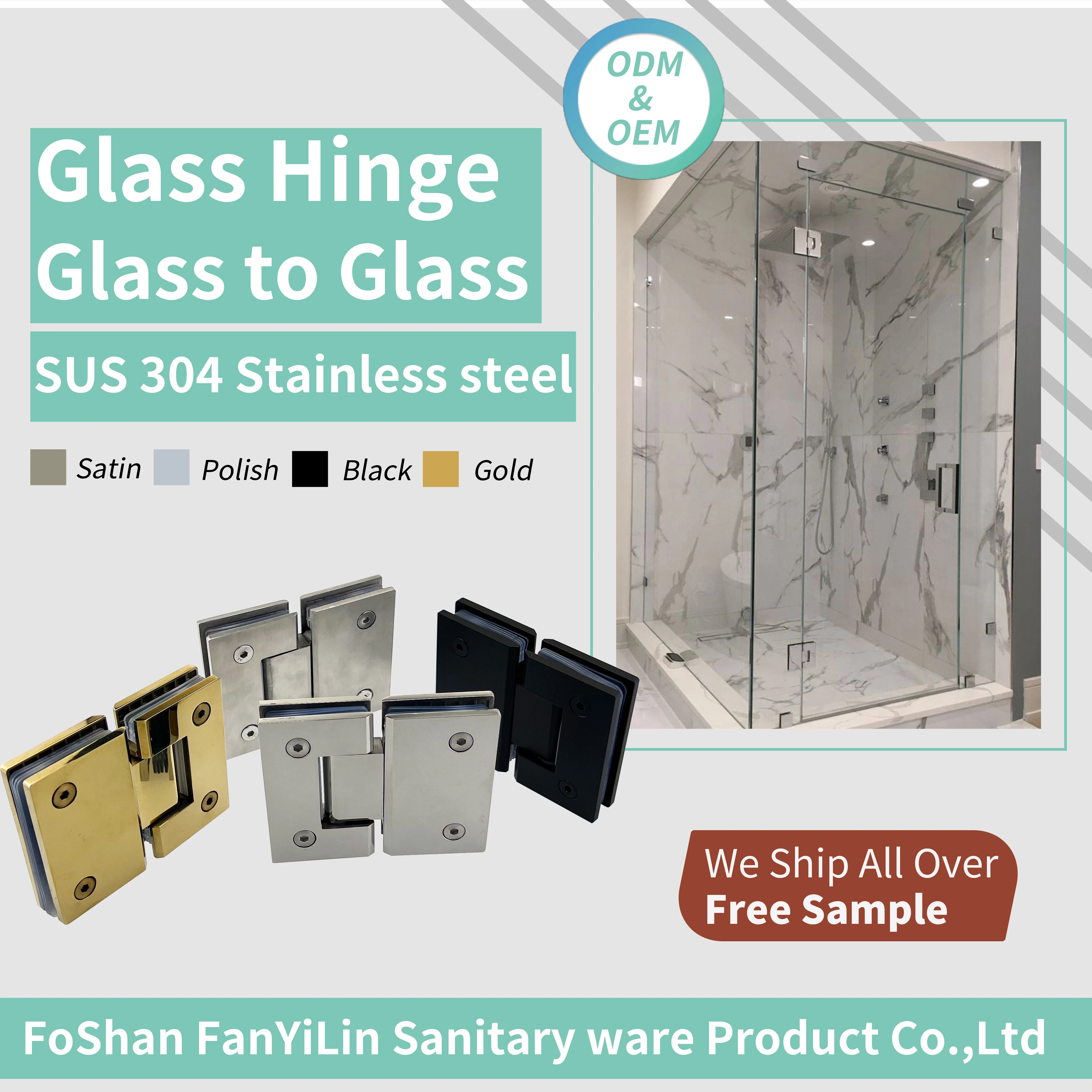 Frameless Glass Hinge Straight Edge 180 Degree Glass Connector Stainless Steel Glass Shower Door