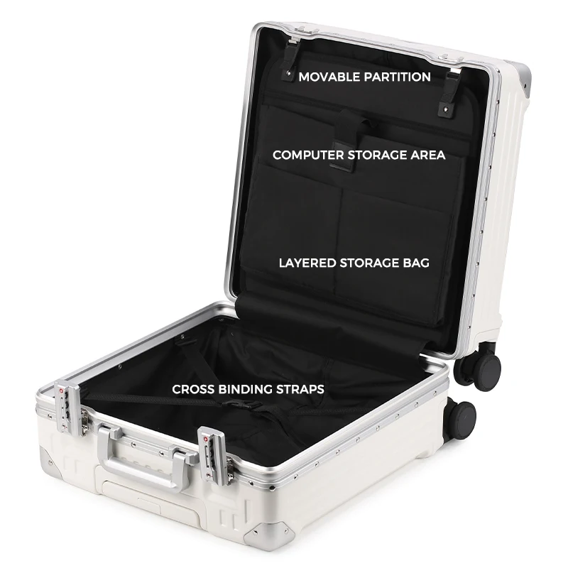 Hot Sale Unisex 18 Inch Computer Luggage Suitcase Aluminum Frame PC Material with TSA Lock Cup Holder and Silent Wheels