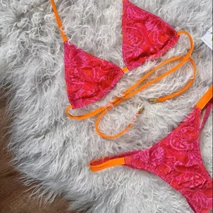 Custom OEM Women's 2 Piece Triangle Bikini Swimsuit with Print Quick Dry & Removable Padded Thong Bottom