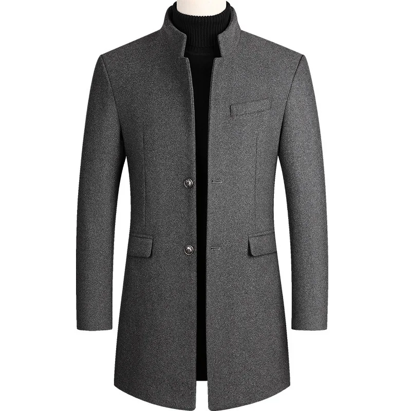 New fashion men autumn winter turn-down collar solid color simple plus size casual coat medium length woolen overcoat_voghion.com