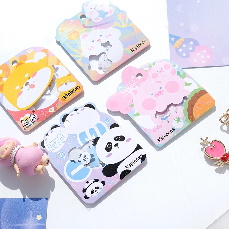Nekoni Glitter Stickers Flake Kawaii  Laser Flake Stickers Decals Pack Cute Animal Kitty Panda Dog Pig Stickers Decals