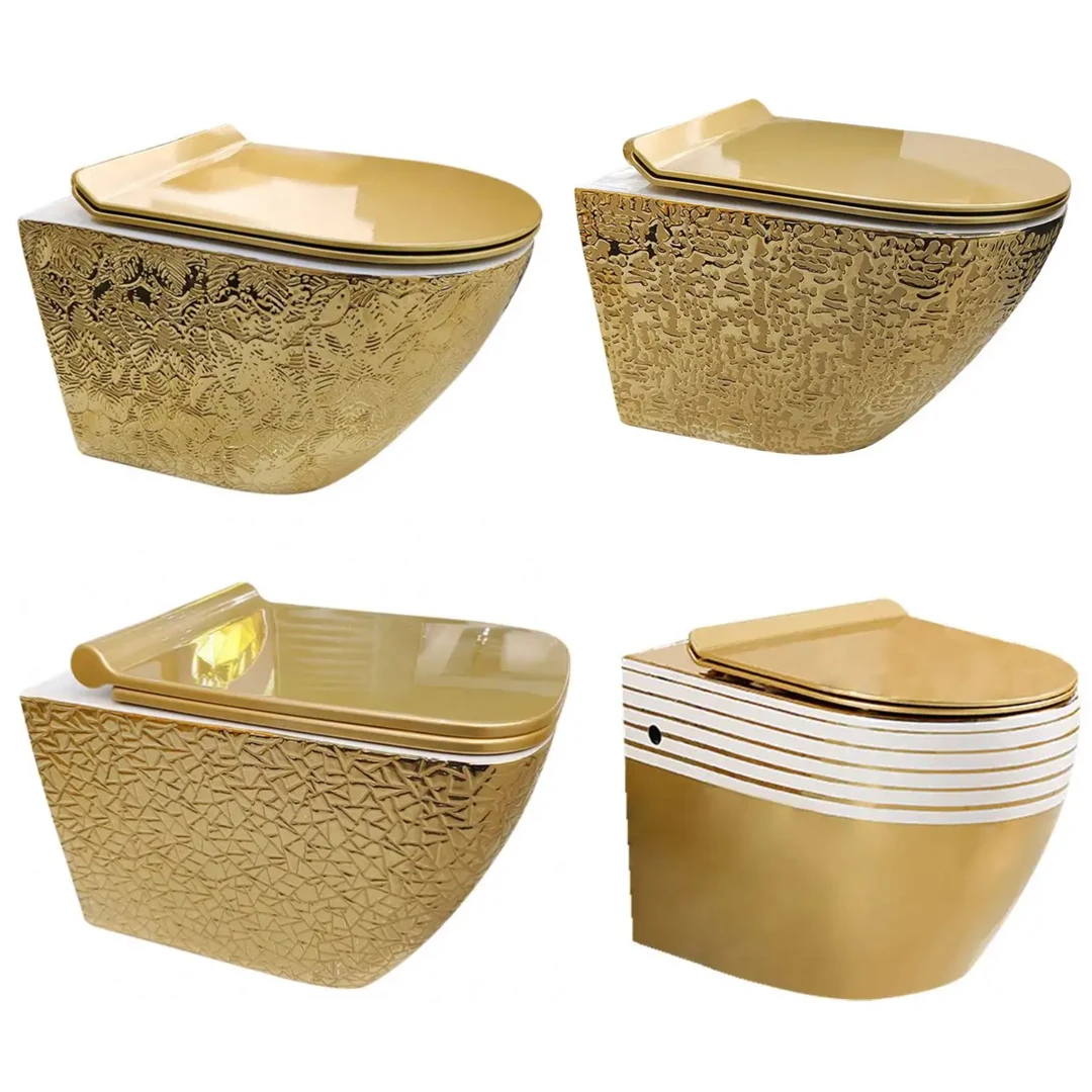 Bathroom Gold Plated Wall Hung Toilet P-trap Golden Color Ceramic One ...