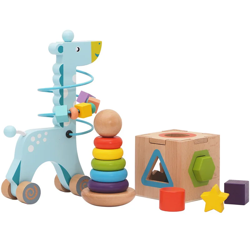 Vente chaude Montessori bébé en bois girafe perles marche forme correspondant arc-en-ciel empilage ensemble éducatif cadeau jouets pour enfants