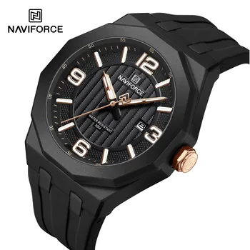 Naviforce 8079 Men's Quartz Wristwatch New Fashionable Simple Casual Business Style Luxury Oval Calendar Silicone Band for Watch