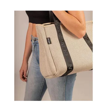 Women Designer Handbag Tote Neoprene Tennis Bag Sports Gym Carry All 3mm Embossed], Silk Screen Accept Sample Beige, Black 50pcs