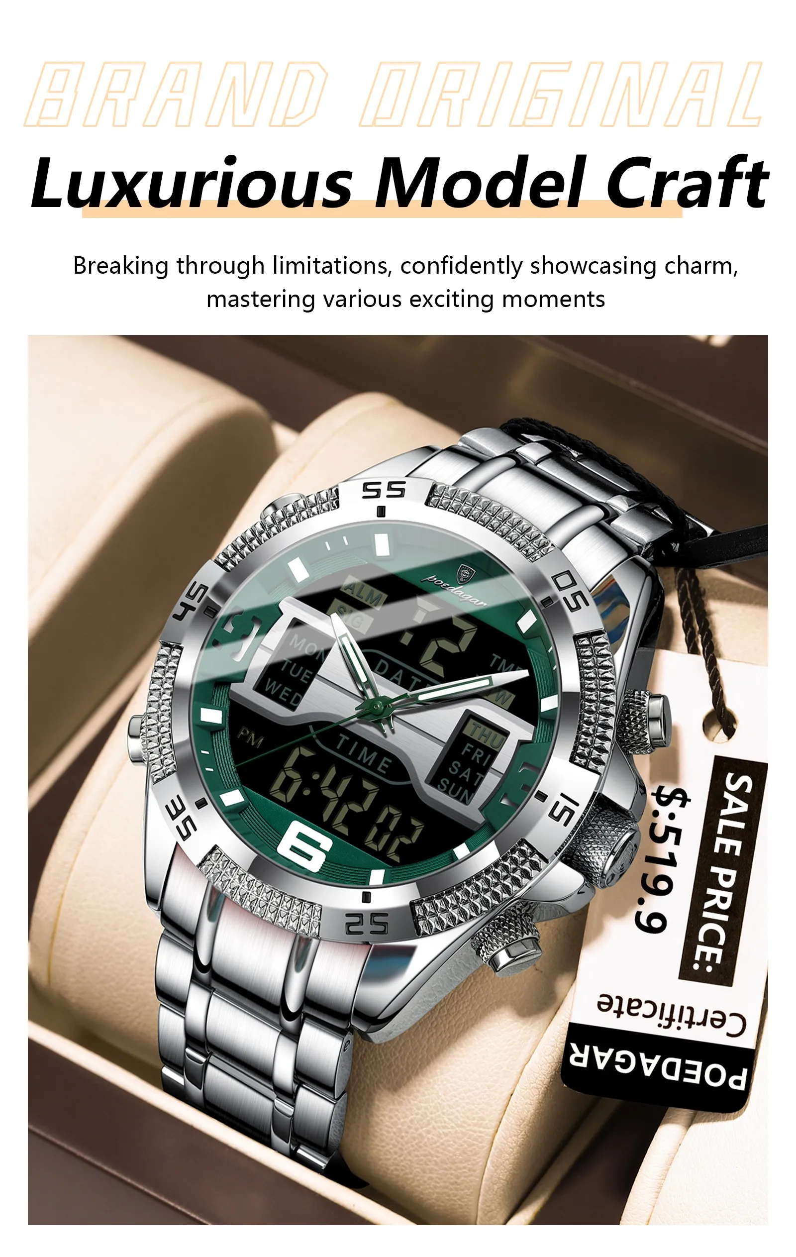 POEDAGAR E103 Waterproof Clock LED Men's Date Week Fashion Wristwatch Stainless Steel Strap Sport Quartz Watches Digital Watches