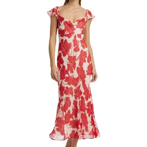 Custom High Quality Women's Summer Flower Chiffon Cow Collar Short Ruffle Sleeve Polyester Ruffle Midi Dress