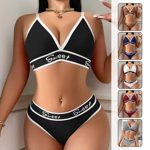 Hot Girl Seamless Bra Panties Mid-Waist Camisole Bra Thong Set Cotton Wide Strap Letter Design Bra Set Underwear BH