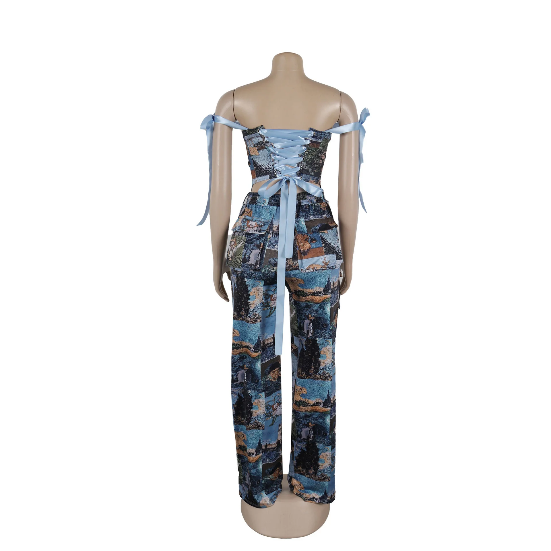 New Fall Print Two Pieces Pants Set With off Shoulder Tube Top Corset and Print Wide Leg Pants