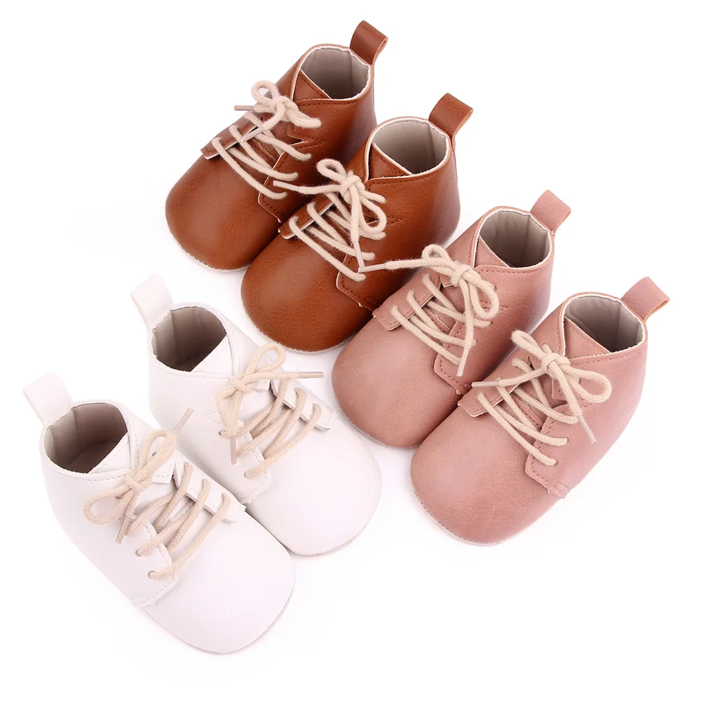 Spring and Autumn Baby Girls PU Leather British Style Front Lace-up Solid Color Infants Walking Shoes