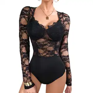 Lism Custom Supplier Women See Through Bodysuit Long Sleeve Sexy Lace Embroider Bra Bodysuit Lingerie