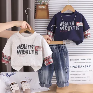 2026 Children Clothes Spring Autumn  Kids Boutique Clothing Sets Letter Print Plaid Long Sleeve Top Denim Pants 2pcs Boy Outfits