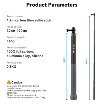 Telesin Portable Selfie Stick for Go Pro Hero 13 DJI Action 5 Sport Cameras 1.2 Meters Extend Carbon Fiber Selfie Stick detail image