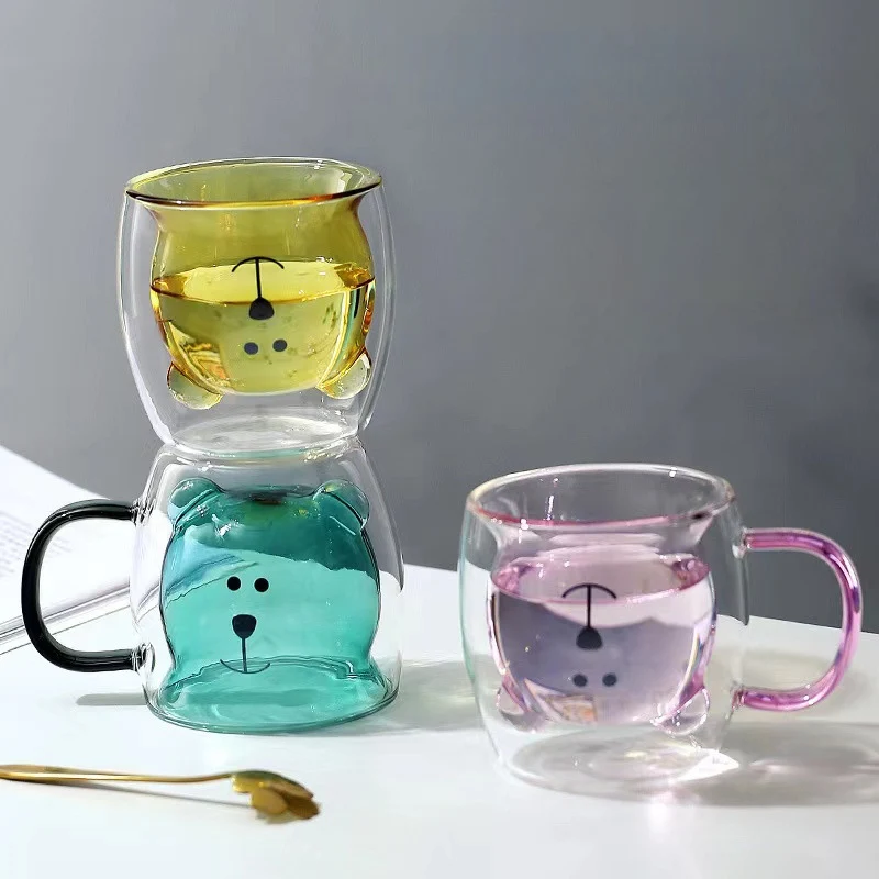 Double Walled Glass Mug With Handle 250ml Creative Cartoon Bear 