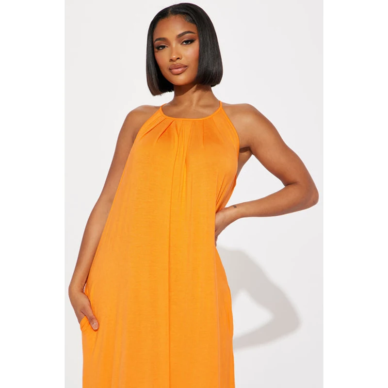 OEM Factory Custom Style Size Sleeveless Spaghetti Straps Side Pockets Tie Back High Stretch Women's Midi Length Casual Natural