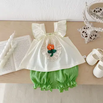 Girls suit 0-5 Summer South Korea children's clothing baby girl flower doll shirt shorts two-piece set