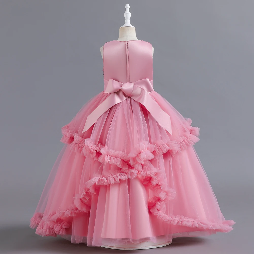 European Style Layered Princess Children Party Dress Shiny Girl Wedding