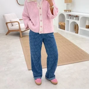 2026 Spring Heart-shaped Crochet Denim Pants Washed Boot Cut Vintage High-waisted Casual Versatile Quick Dry Regular Fit 3D
